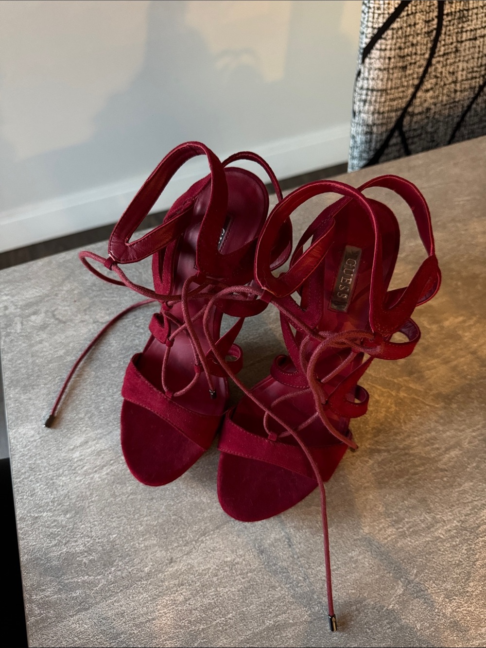 GUESS Burgundy Lace-Up Suede High Heels